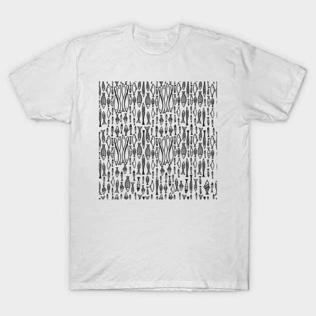 Fishy Pattern Doodle - Black and white palette T-Shirt by sketchbookjo